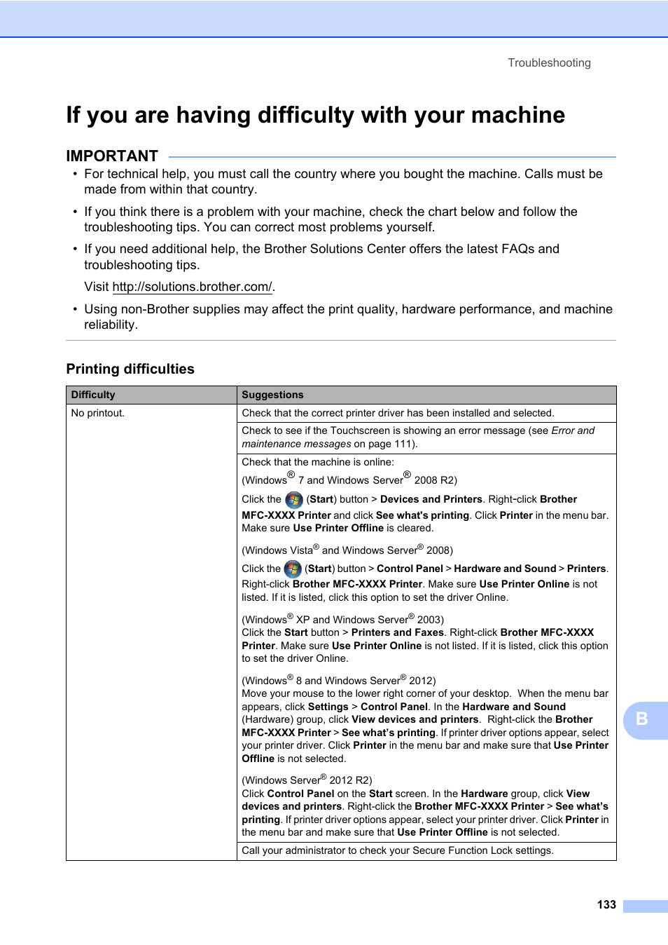 If you are having difficulty with your machine, Important, Printing difficulties | Brother MFC-L8600CDW User Manual | Page 145 / 243