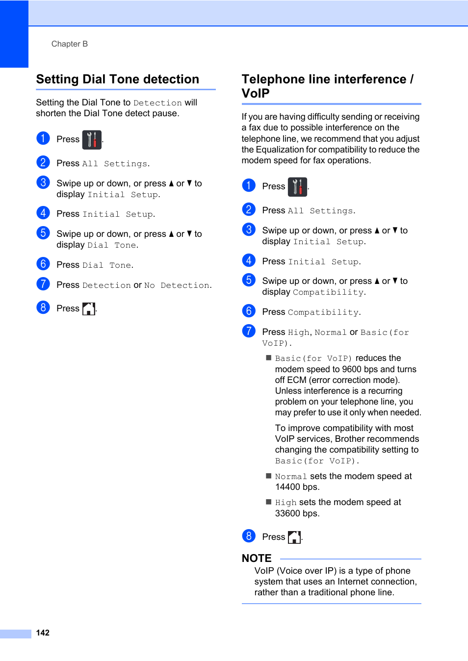 Setting dial tone detection, Telephone line interference / voip | Brother MFC-L8600CDW User Manual | Page 154 / 243