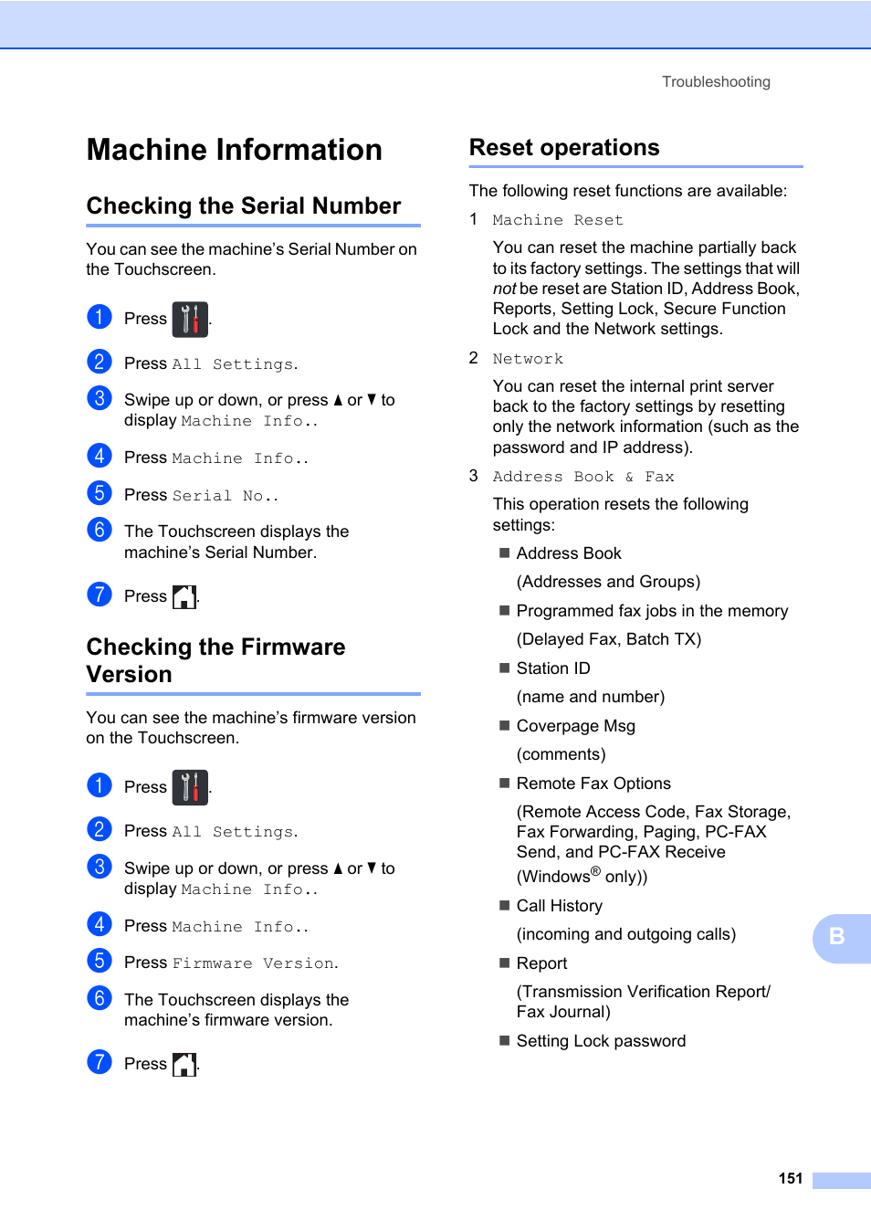 Machine information, Checking the serial number, Checking the firmware version | Reset operations | Brother MFC-L8600CDW User Manual | Page 163 / 243