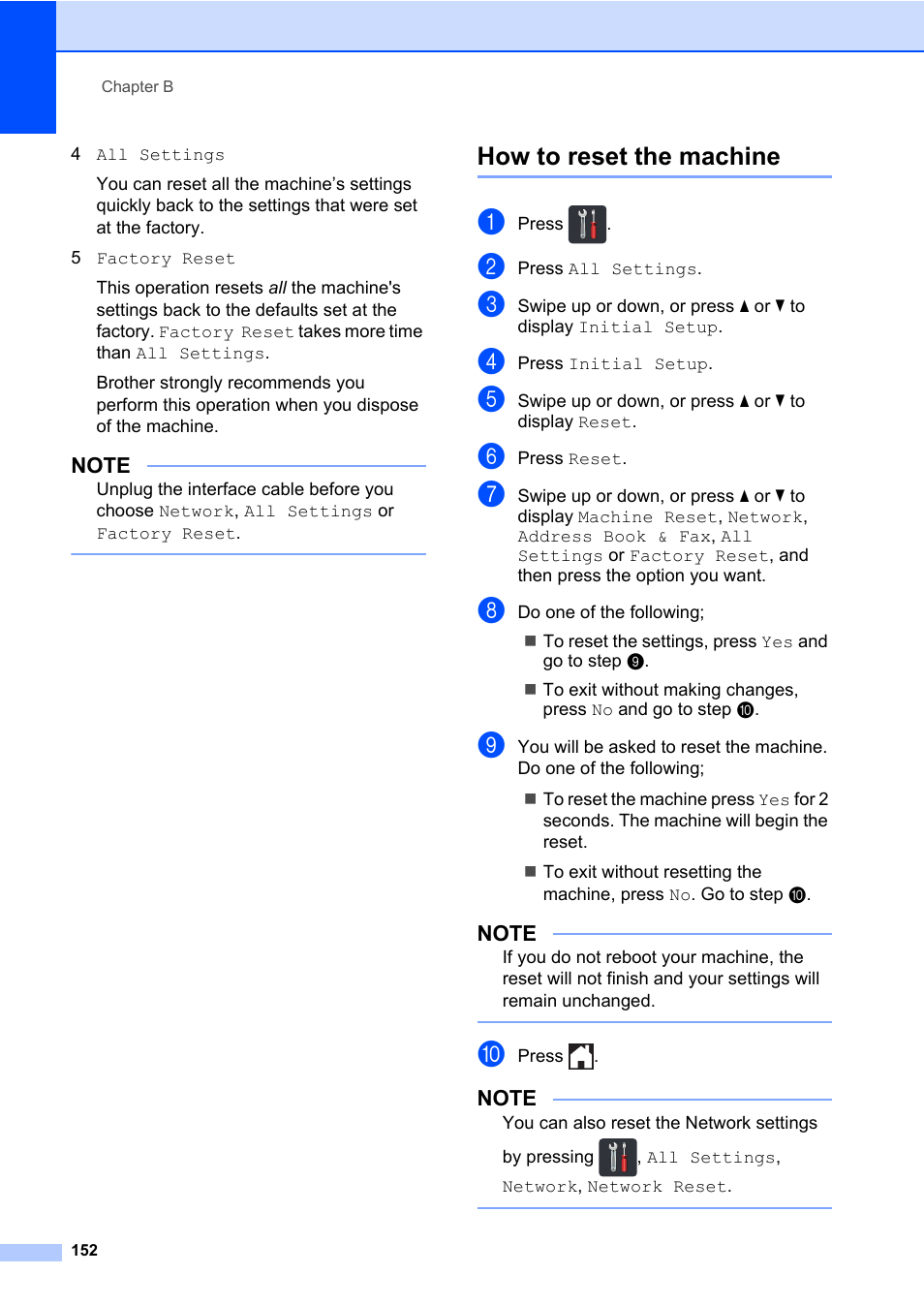 How to reset the machine | Brother MFC-L8600CDW User Manual | Page 164 / 243