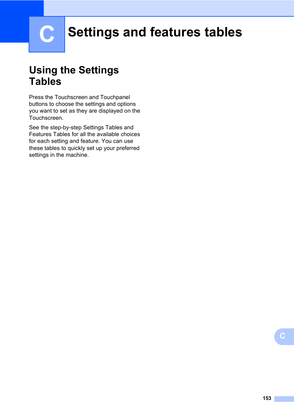 C settings and features tables, Using the settings tables, Settings and features tables | Brother MFC-L8600CDW User Manual | Page 165 / 243