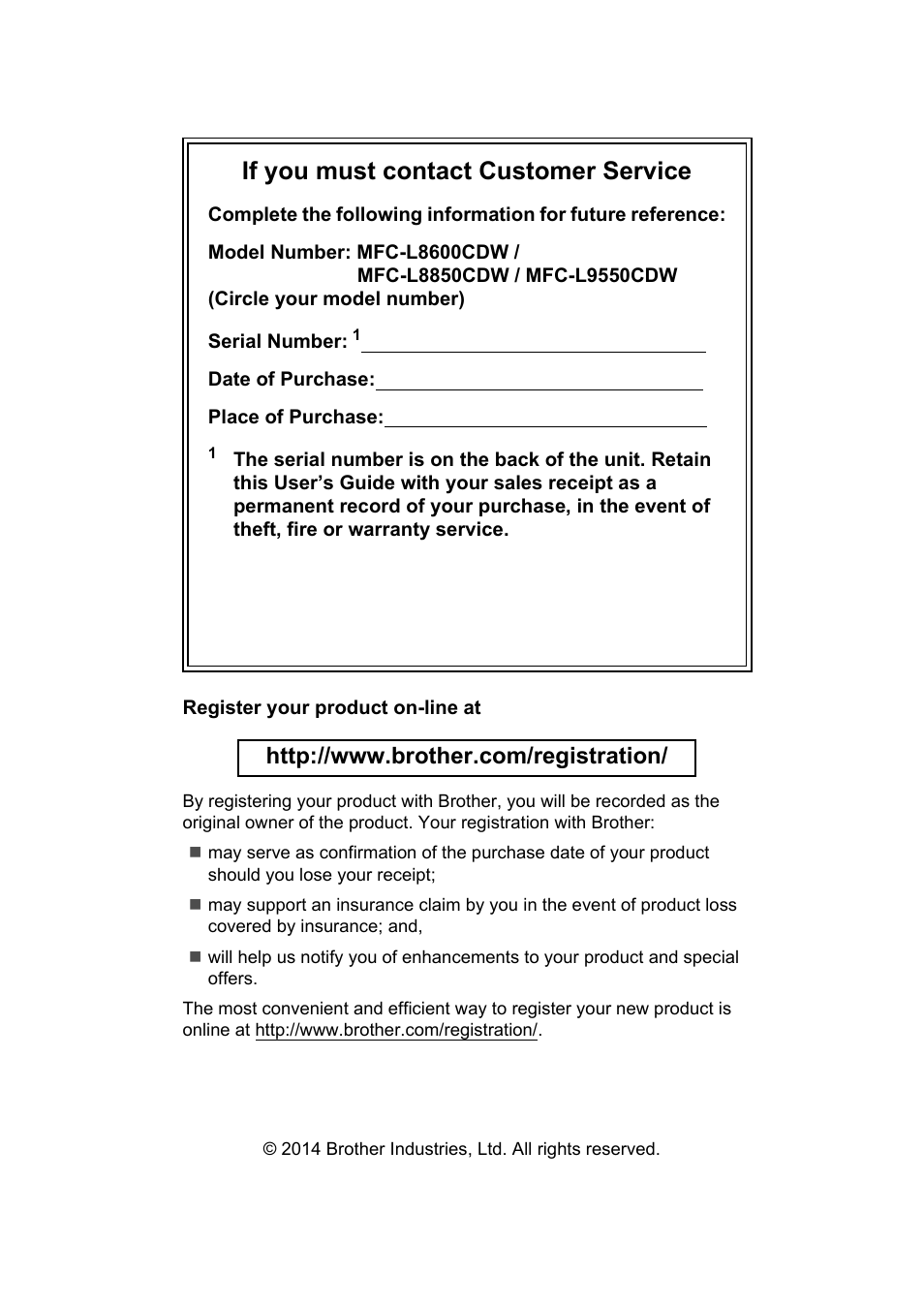If you must contact customer service | Brother MFC-L8600CDW User Manual | Page 2 / 243