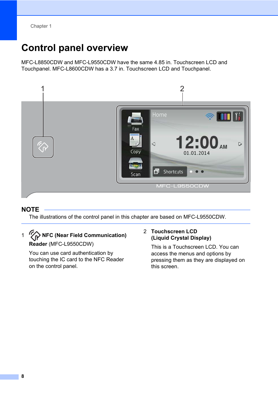 Control panel overview | Brother MFC-L8600CDW User Manual | Page 20 / 243