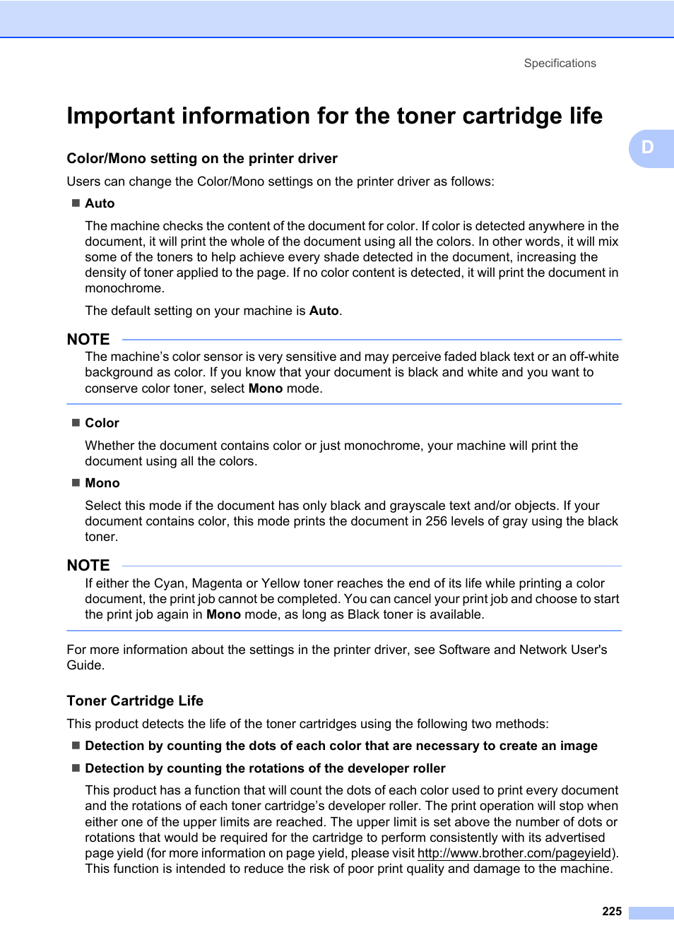 Important information for the toner cartridge life | Brother MFC-L8600CDW User Manual | Page 237 / 243