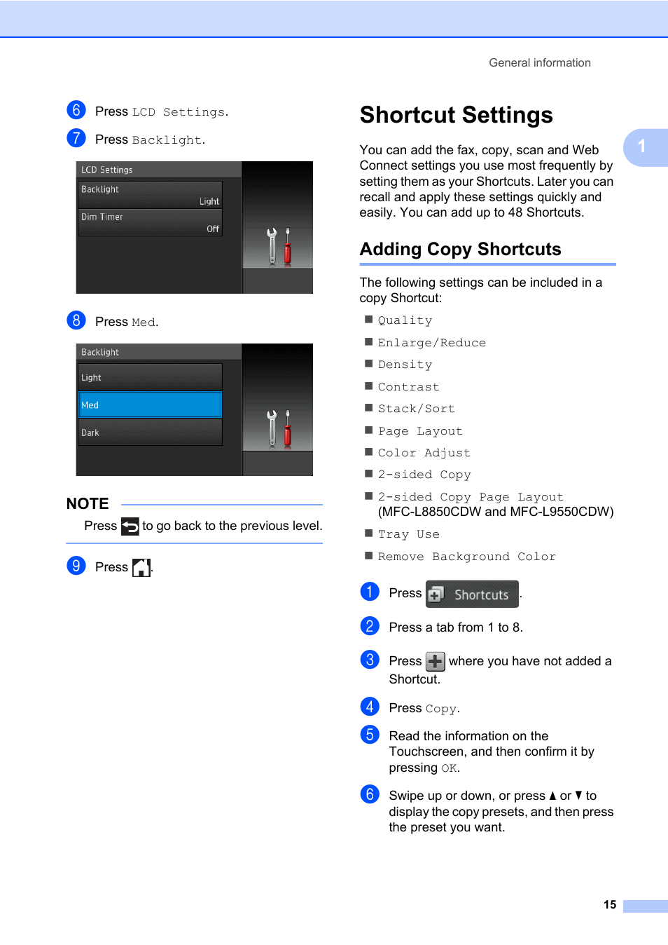 Shortcut settings, Adding copy shortcuts | Brother MFC-L8600CDW User Manual | Page 27 / 243