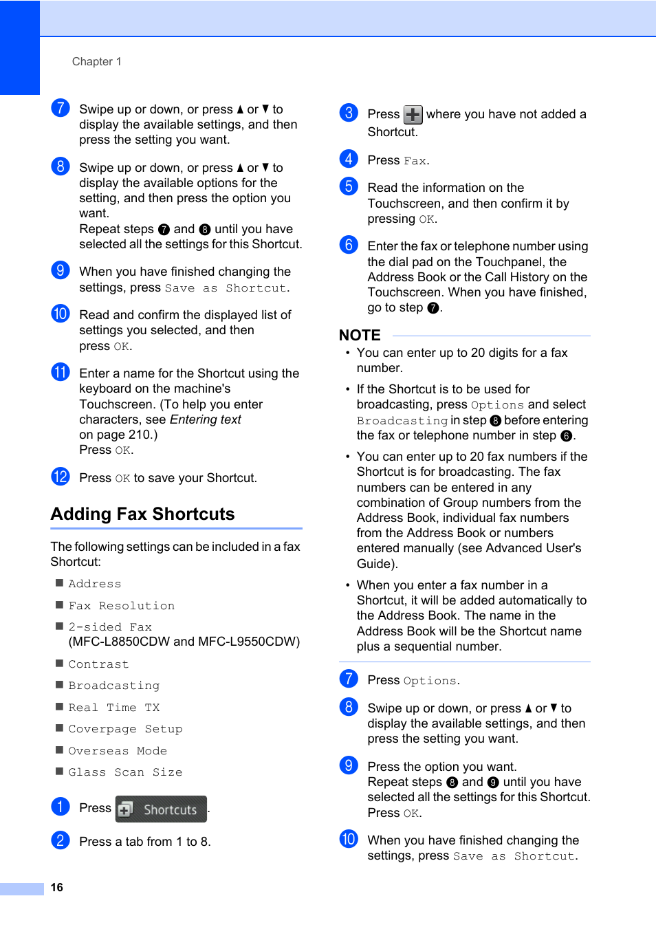 Adding fax shortcuts | Brother MFC-L8600CDW User Manual | Page 28 / 243