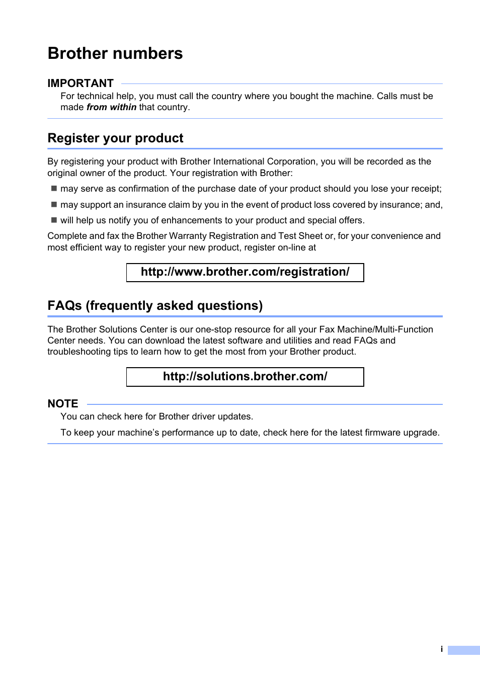 Brother numbers, Register your product, Faqs (frequently asked questions) | Important | Brother MFC-L8600CDW User Manual | Page 3 / 243