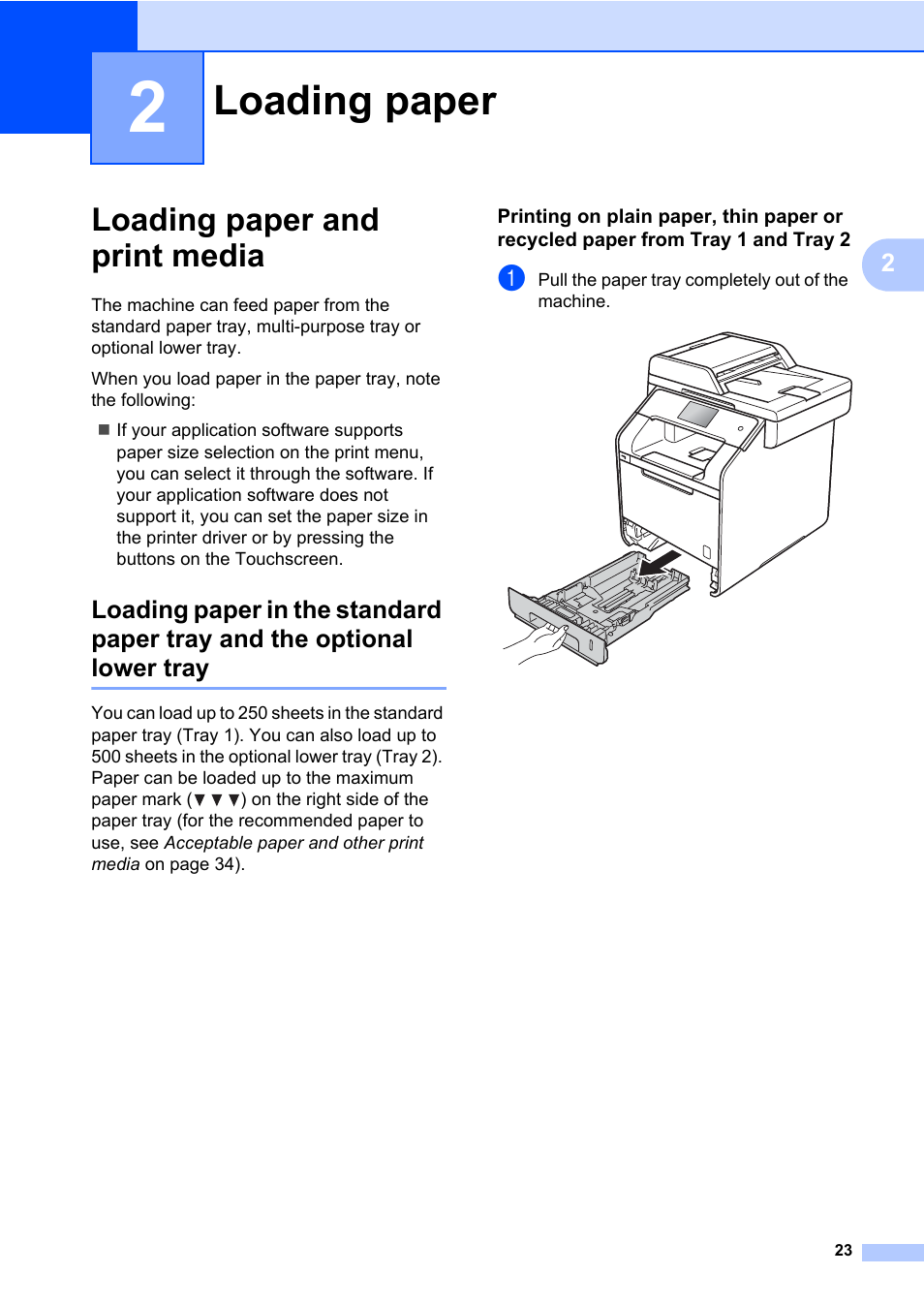 2 loading paper, Loading paper and print media, Loading paper | Brother MFC-L8600CDW User Manual | Page 35 / 243