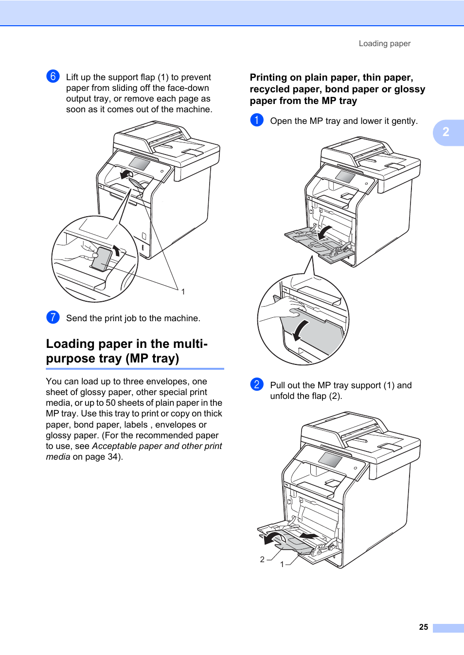 Loading paper in the multi- purpose tray (mp tray), Loading paper in the multi-purpose tray (mp tray) | Brother MFC-L8600CDW User Manual | Page 37 / 243