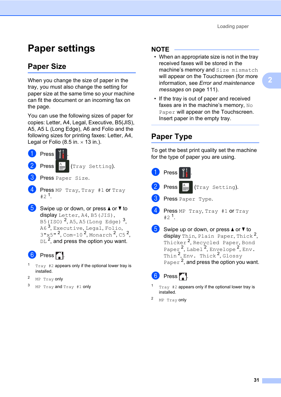 Paper settings, Paper size, Paper type | Paper size paper type | Brother MFC-L8600CDW User Manual | Page 43 / 243