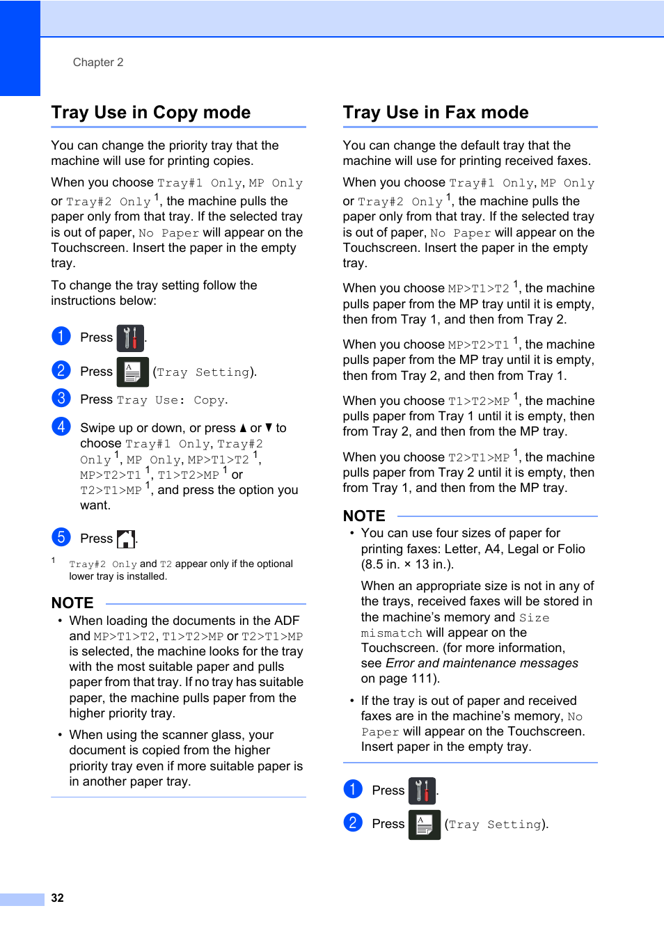 Tray use in copy mode, Tray use in fax mode, Tray use in copy mode tray use in fax mode | Brother MFC-L8600CDW User Manual | Page 44 / 243