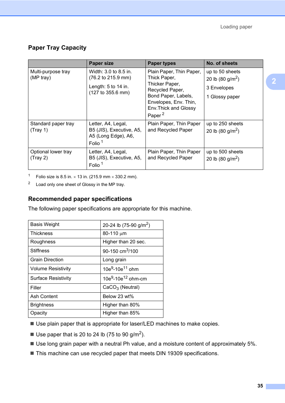 Paper tray capacity, Recommended paper specifications | Brother MFC-L8600CDW User Manual | Page 47 / 243