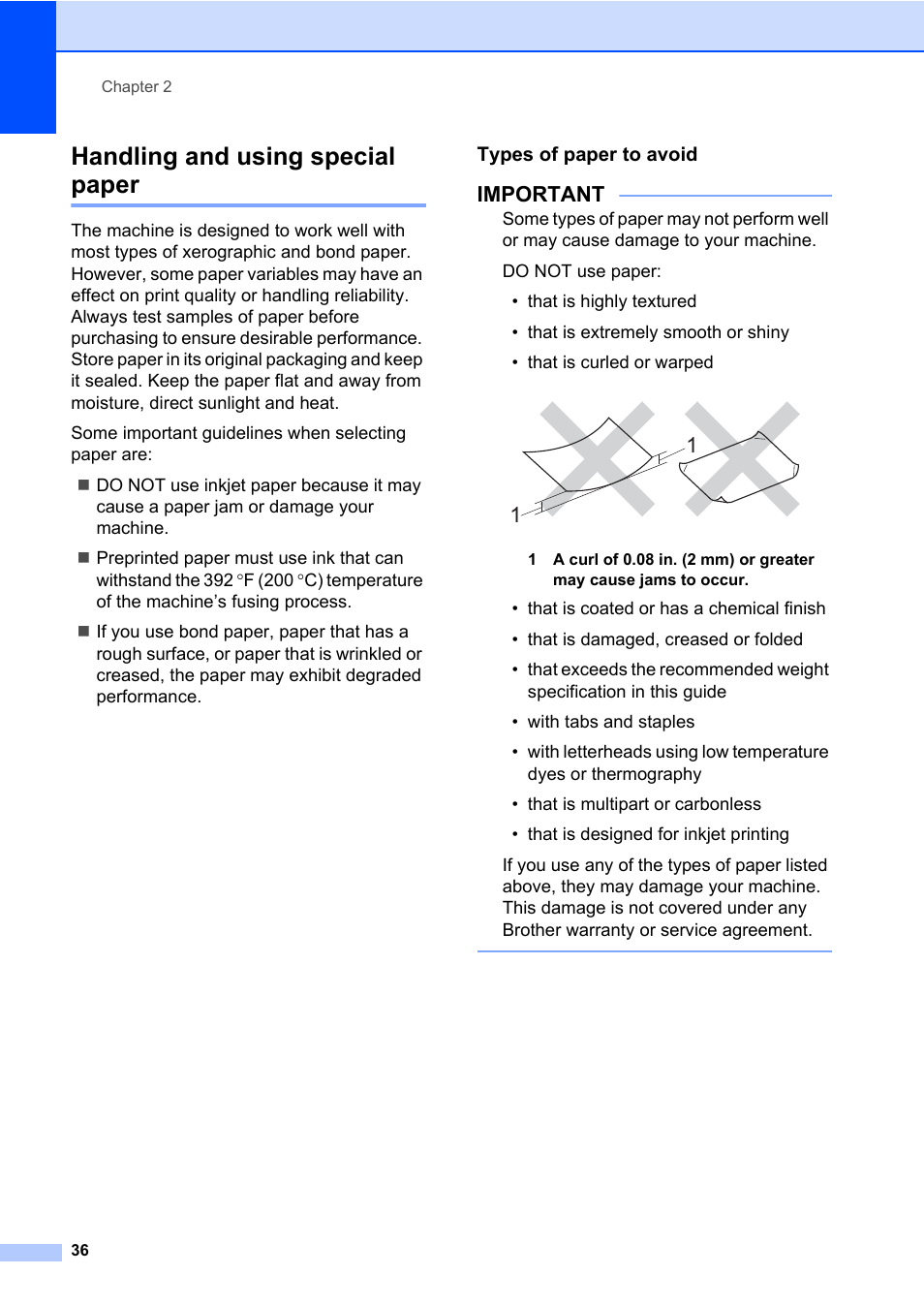 Handling and using special paper, Types of paper to avoid, Important | Brother MFC-L8600CDW User Manual | Page 48 / 243