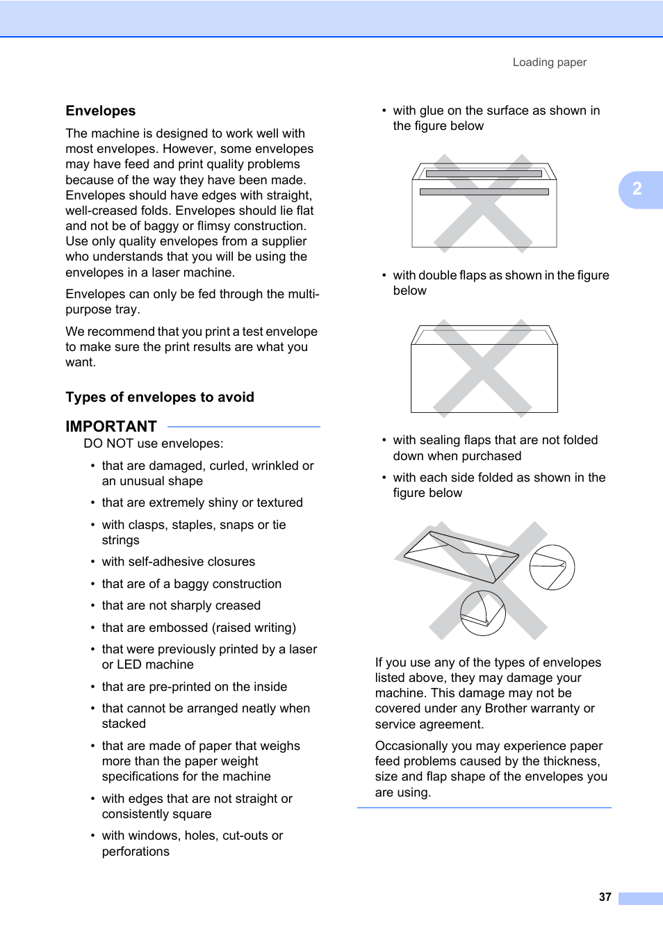 Envelopes, Types of envelopes to avoid, Important | Brother MFC-L8600CDW User Manual | Page 49 / 243