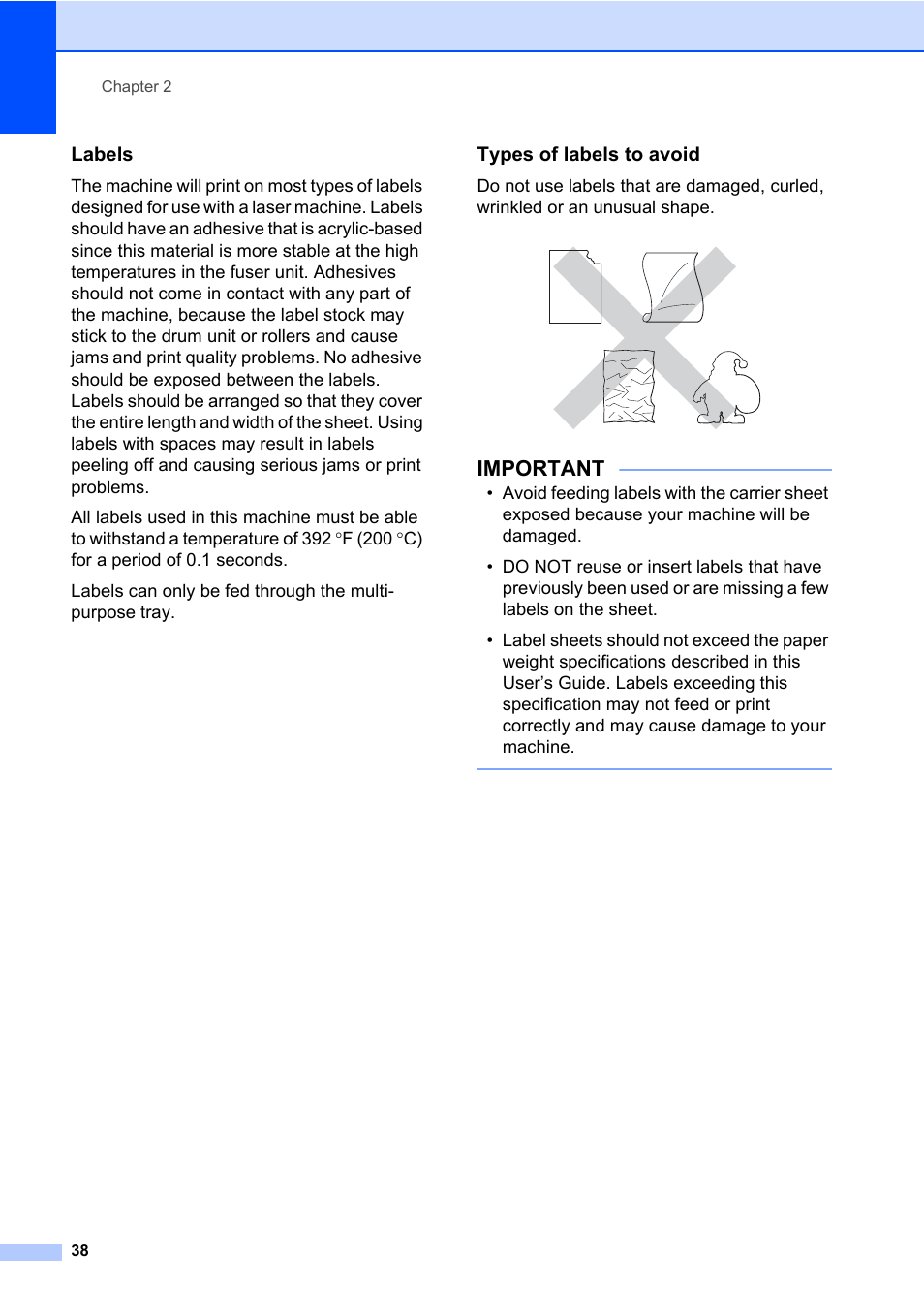 Labels, Types of labels to avoid, Important | Brother MFC-L8600CDW User Manual | Page 50 / 243