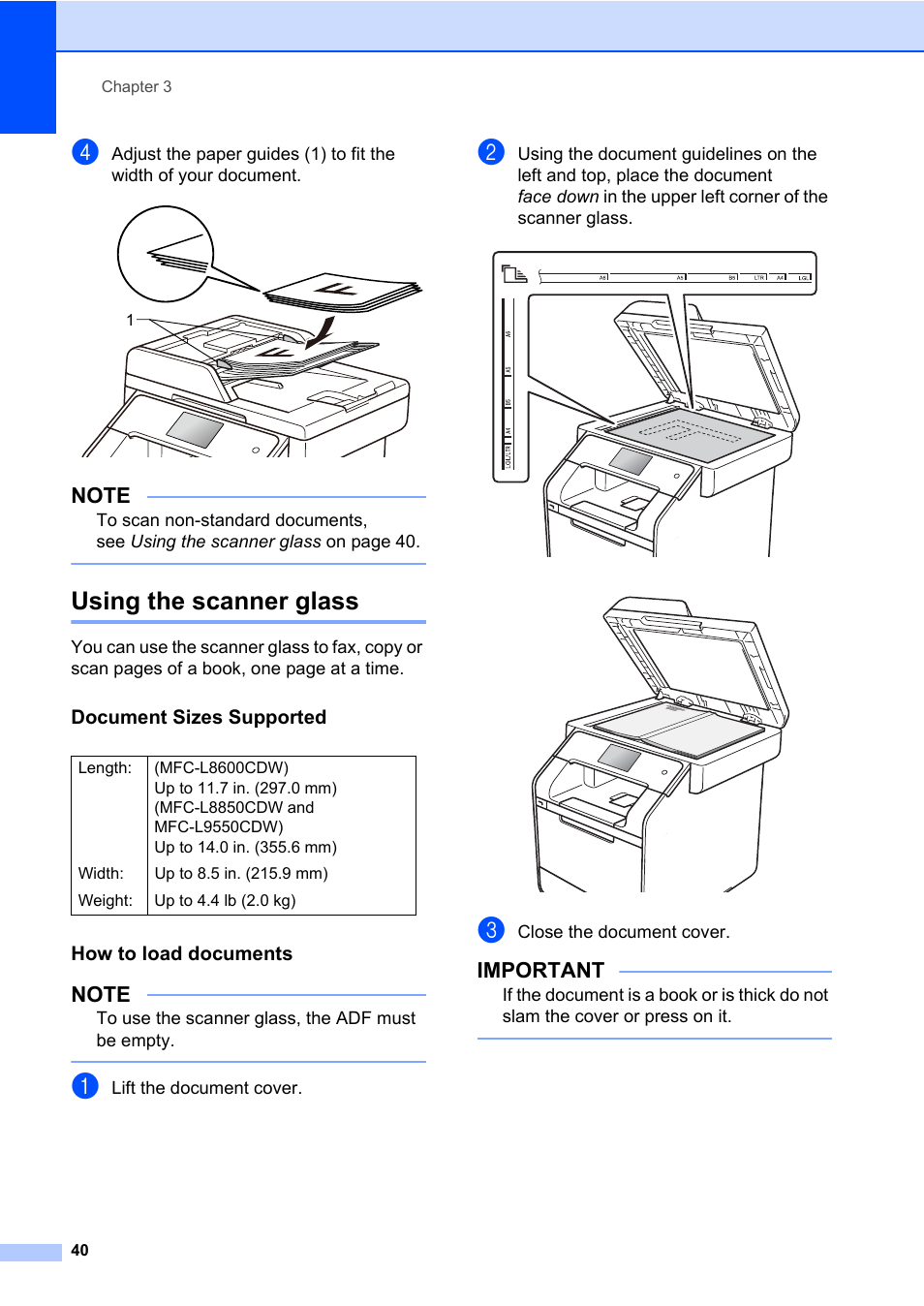 Using the scanner glass, Document sizes supported, How to load documents | Important | Brother MFC-L8600CDW User Manual | Page 52 / 243