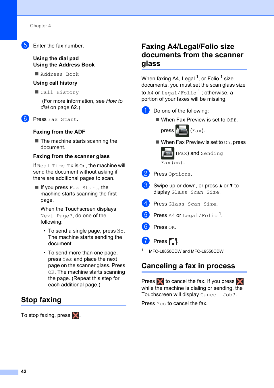 Stop faxing, Canceling a fax in process | Brother MFC-L8600CDW User Manual | Page 54 / 243