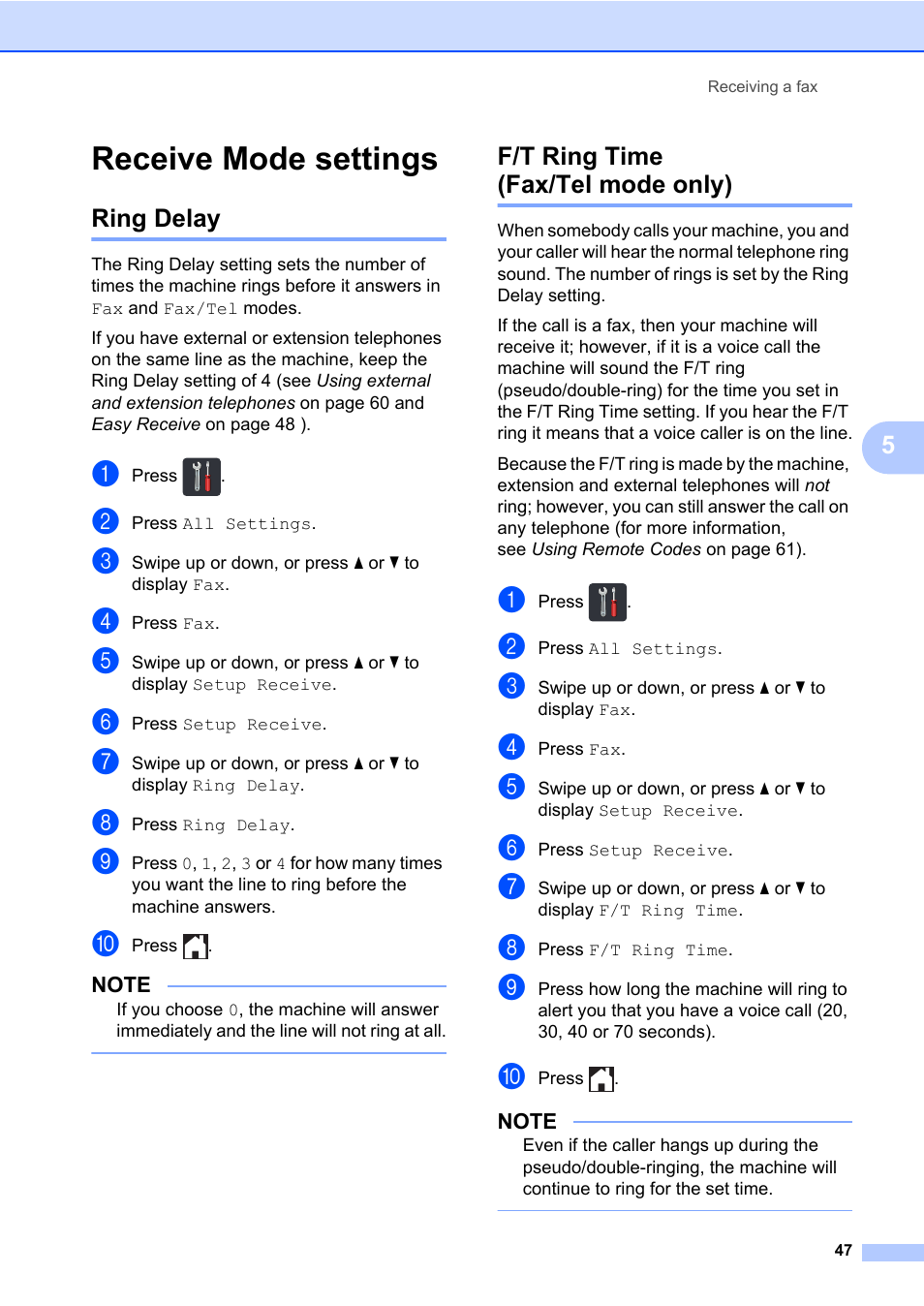 Receive mode settings, Ring delay, F/t ring time (fax/tel mode only) | Ring delay f/t ring time (fax/tel mode only) | Brother MFC-L8600CDW User Manual | Page 59 / 243