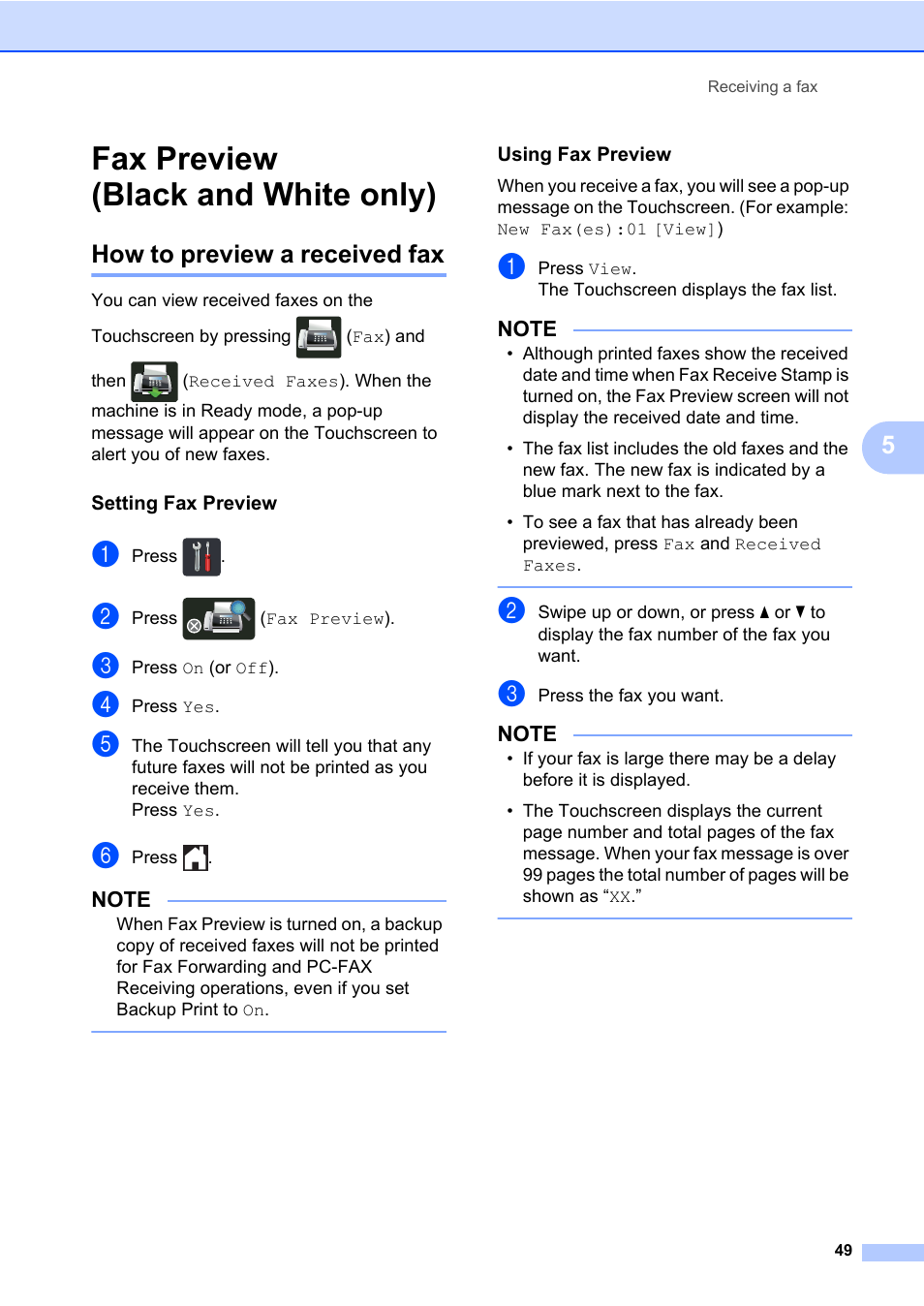 Fax preview (black and white only), How to preview a received fax, Setting fax preview | Using fax preview | Brother MFC-L8600CDW User Manual | Page 61 / 243