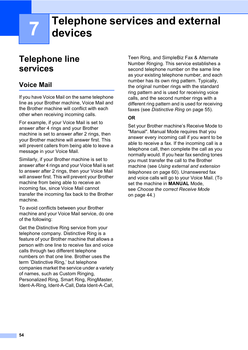 7 telephone services and external devices, Telephone line services, Voice mail | Telephone services and external devices | Brother MFC-L8600CDW User Manual | Page 66 / 243