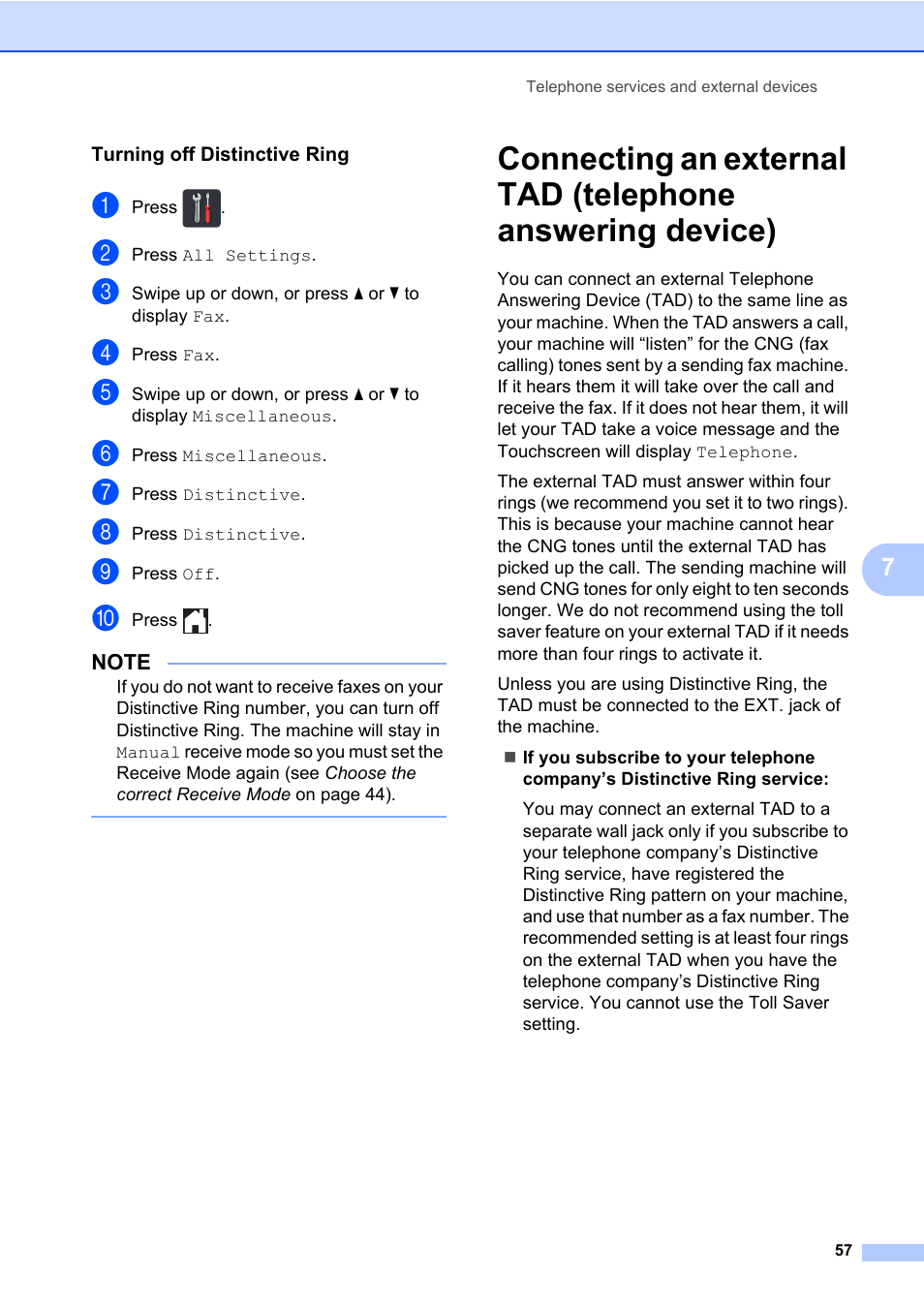 Turning off distinctive ring | Brother MFC-L8600CDW User Manual | Page 69 / 243