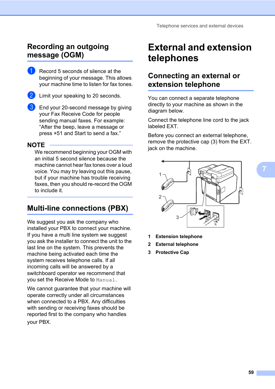 Recording an outgoing message (ogm), Multi-line connections (pbx), External and extension telephones | Connecting an external or extension telephone, 7recording an outgoing message (ogm) | Brother MFC-L8600CDW User Manual | Page 71 / 243