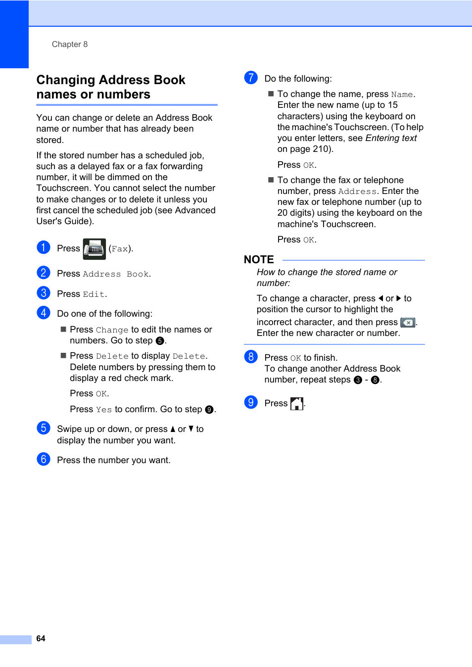 Changing address book names or numbers | Brother MFC-L8600CDW User Manual | Page 76 / 243