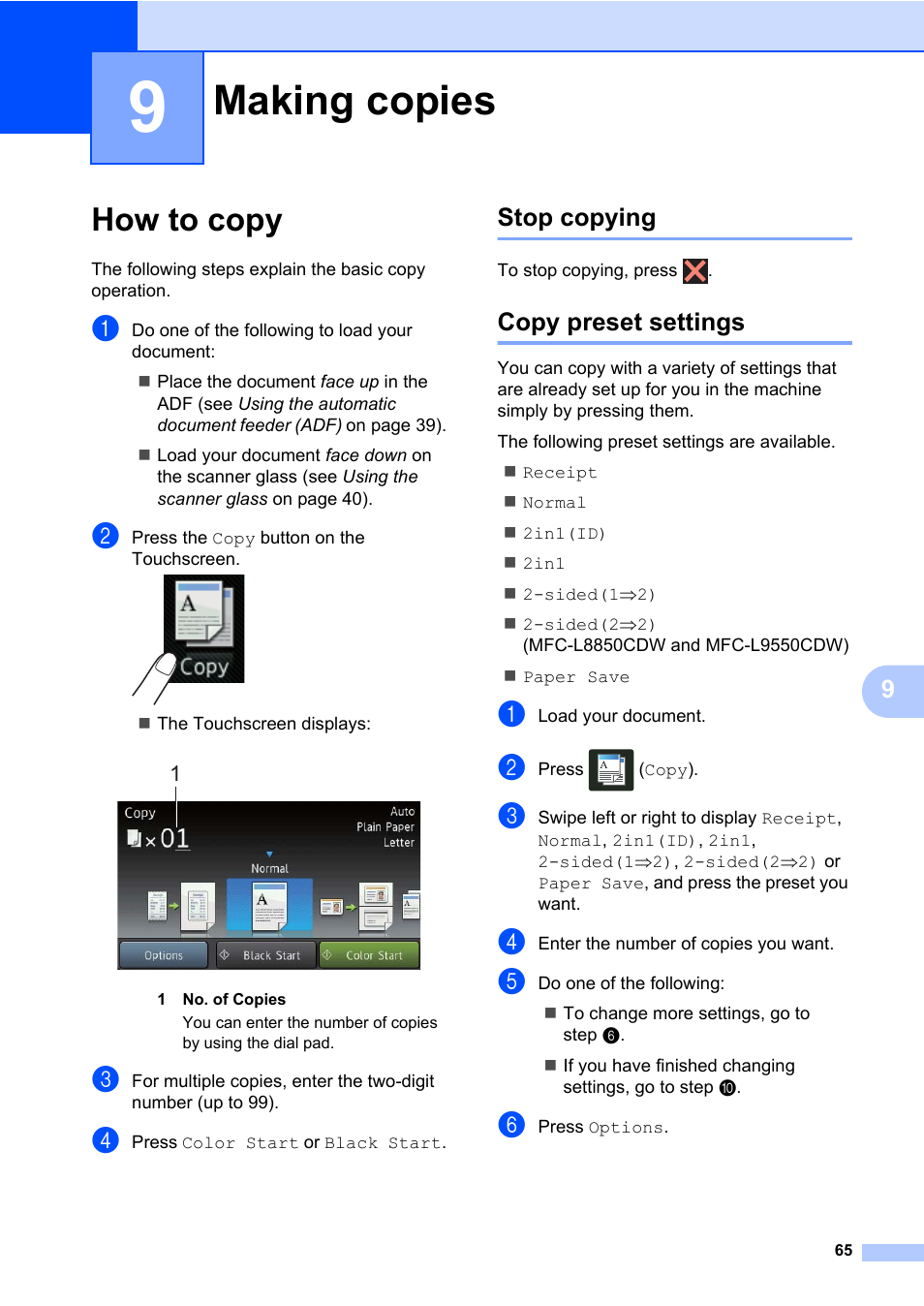 9 making copies, How to copy, Stop copying | Copy preset settings, Making copies, Stop copying copy preset settings | Brother MFC-L8600CDW User Manual | Page 77 / 243