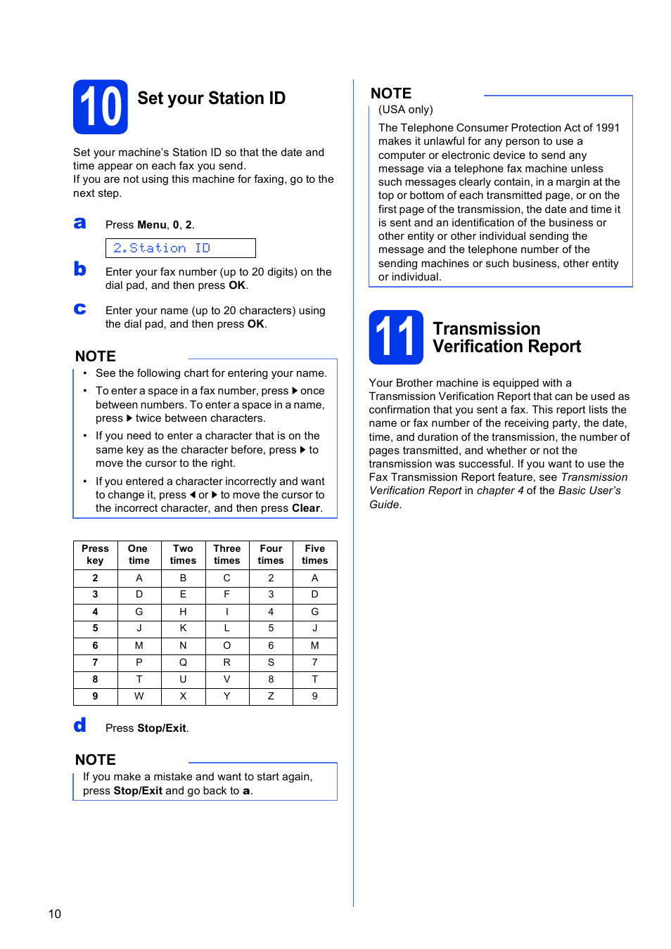10 set your station id, 11 transmission verification report, Set your station id | Transmission verification report | Brother MFC-J245 User Manual | Page 10 / 20