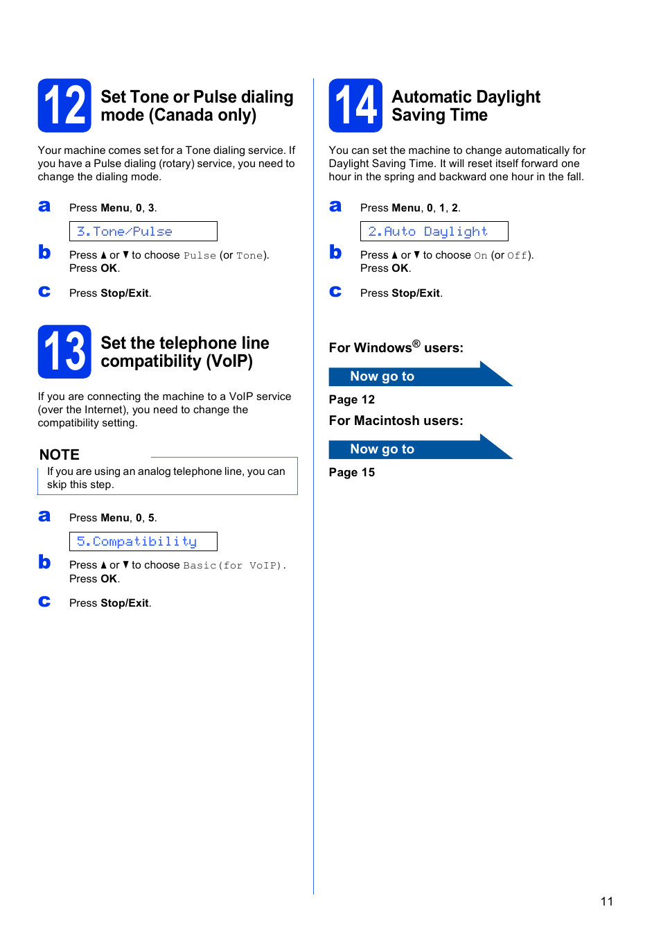 12 set tone or pulse dialing mode (canada only), 13 set the telephone line compatibility (voip), 14 automatic daylight saving time | Brother MFC-J245 User Manual | Page 11 / 20