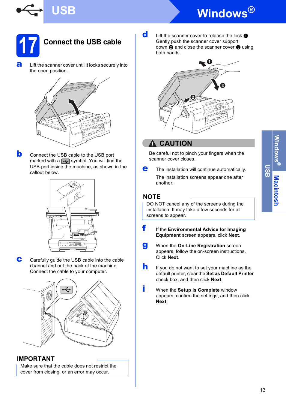 17 connect the usb cable, Windows | Brother MFC-J245 User Manual | Page 13 / 20