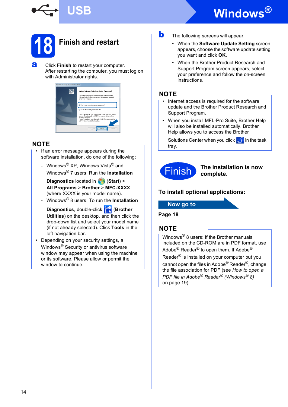 18 finish and restart, Windows, Finish | Finish and restart | Brother MFC-J245 User Manual | Page 14 / 20