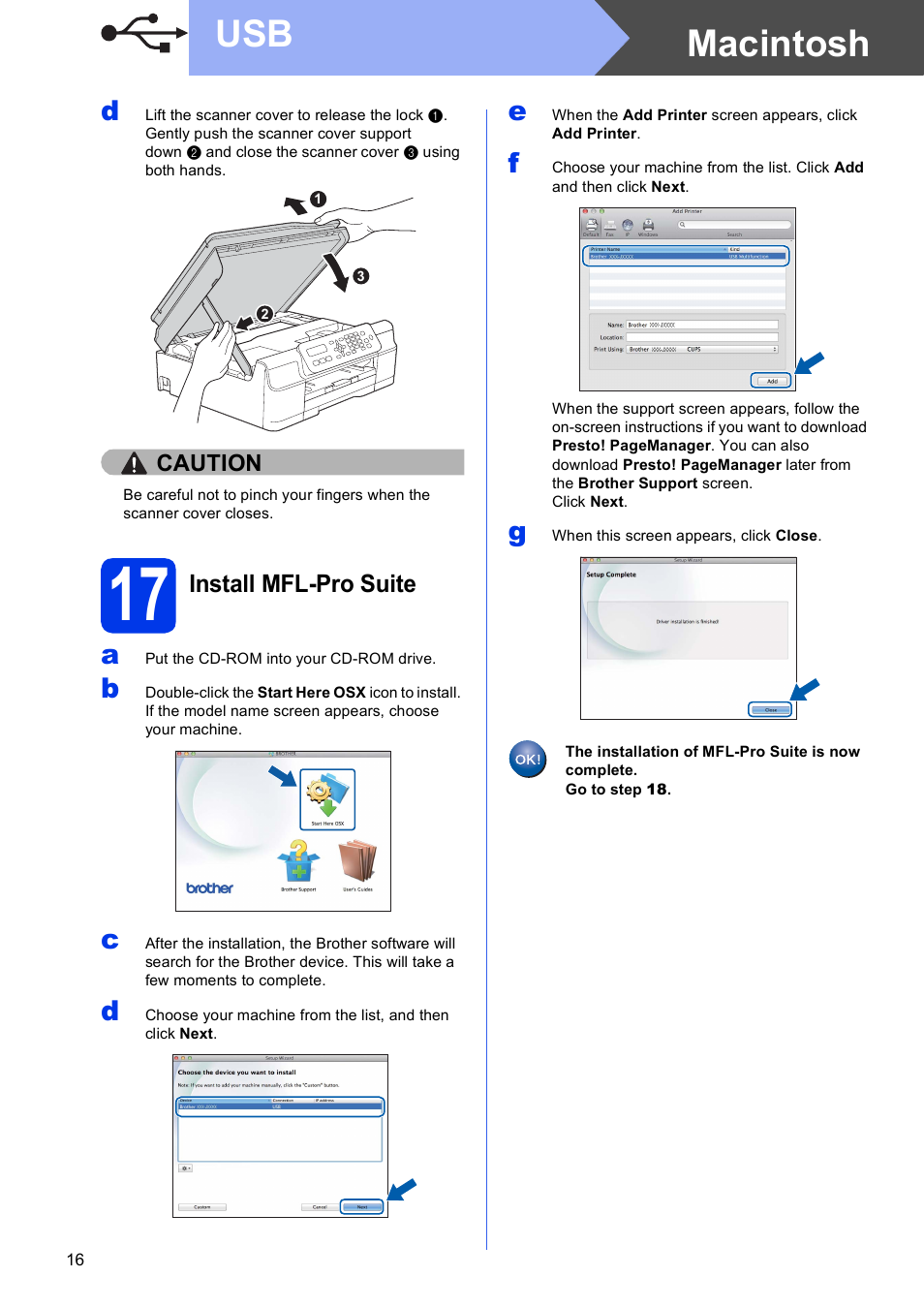 17 install mfl-pro suite, Macintosh usb | Brother MFC-J245 User Manual | Page 16 / 20