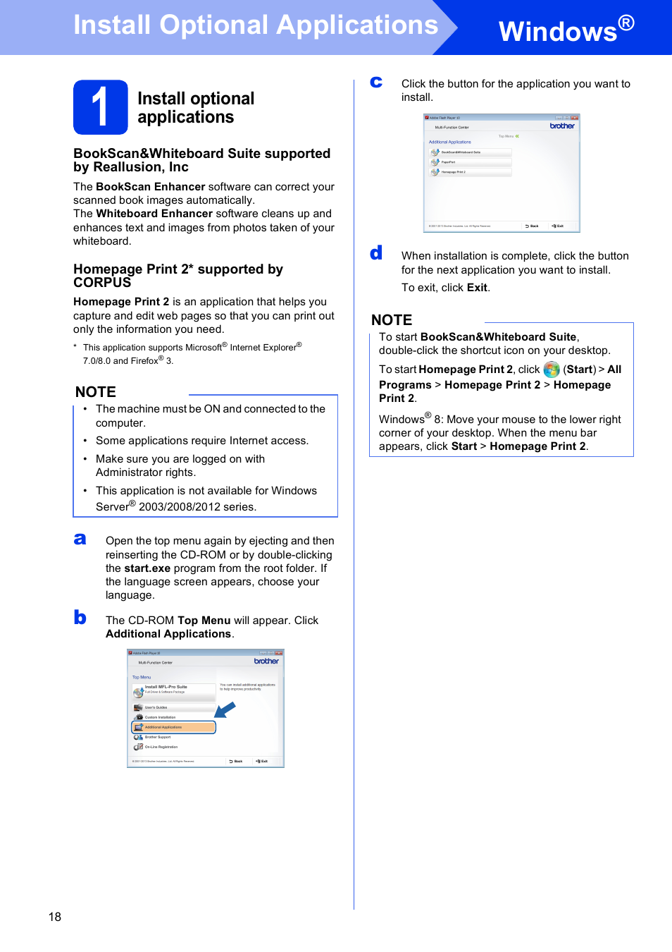 Install optional applications windows, 1 install optional applications, Windows | Install optional applications | Brother MFC-J245 User Manual | Page 18 / 20