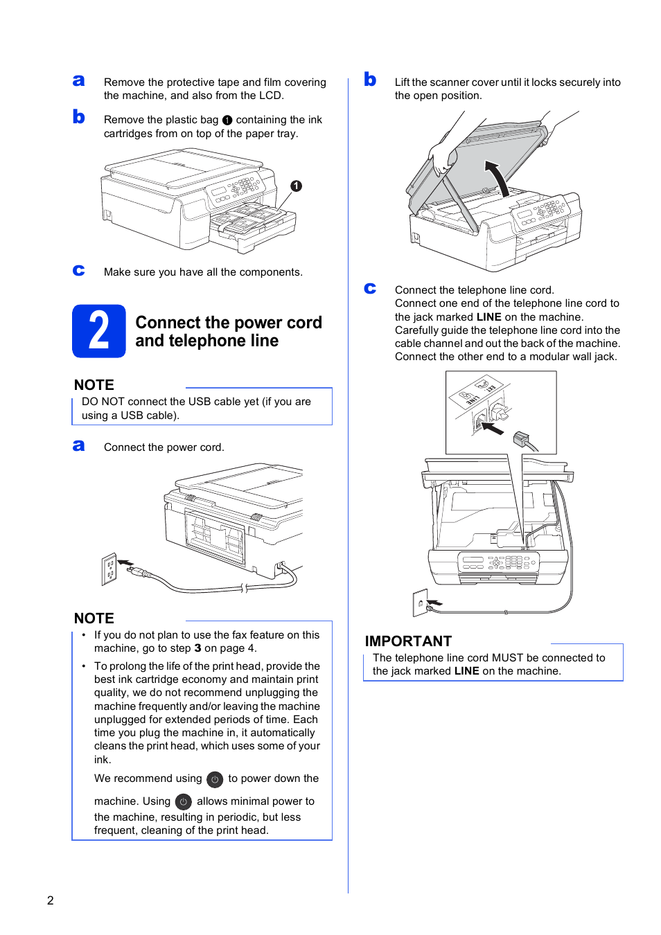 2 connect the power cord and telephone line, Connect the power cord and telephone line | Brother MFC-J245 User Manual | Page 2 / 20