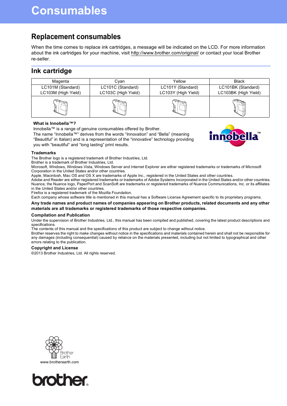 Consumables, Replacement consumables, Ink cartridge | Brother usa/can | Brother MFC-J245 User Manual | Page 20 / 20