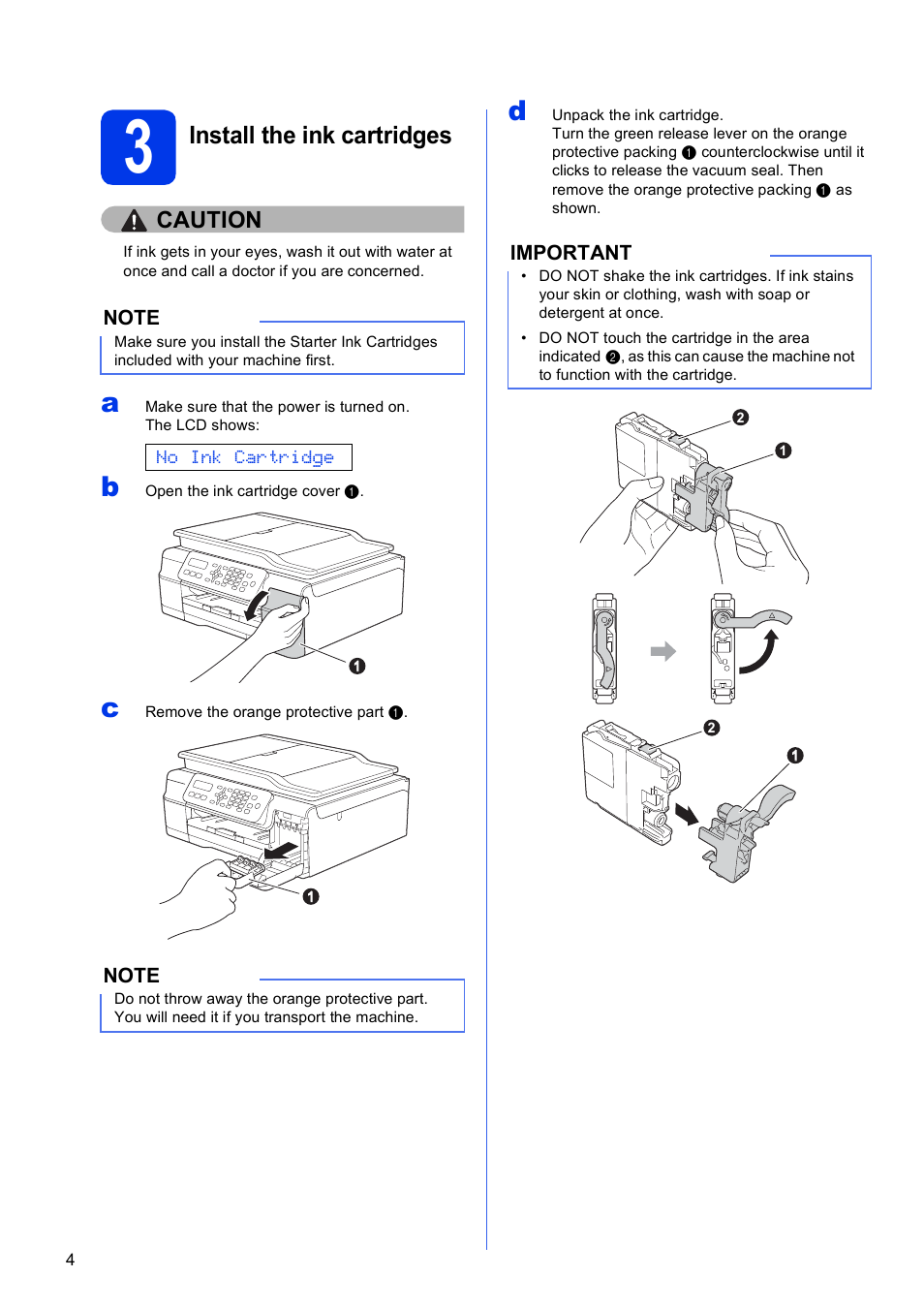 3 install the ink cartridges, Install the ink cartridges | Brother MFC-J245 User Manual | Page 4 / 20
