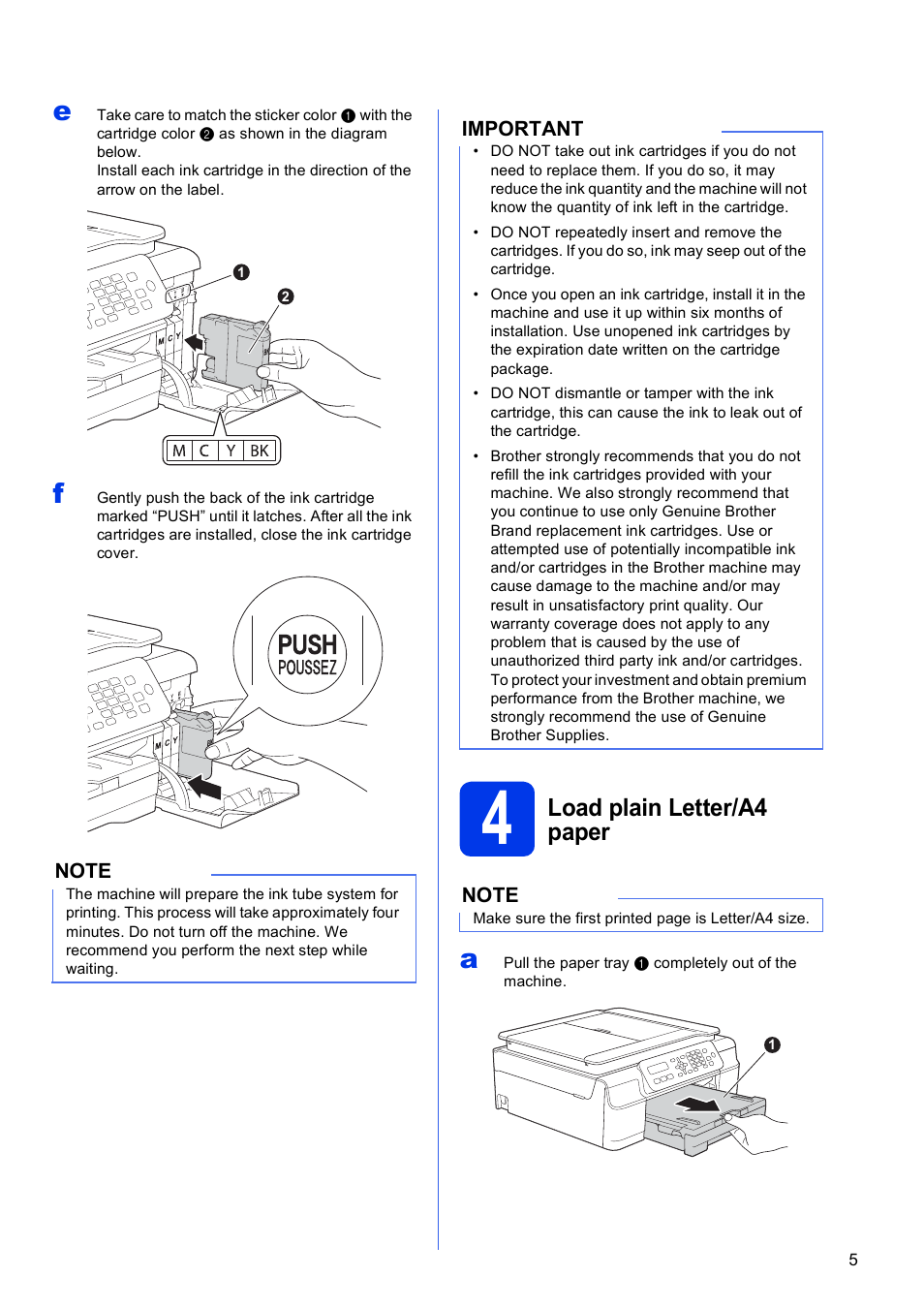 4 load plain letter/a4 paper, Load plain letter/a4 paper | Brother MFC-J245 User Manual | Page 5 / 20
