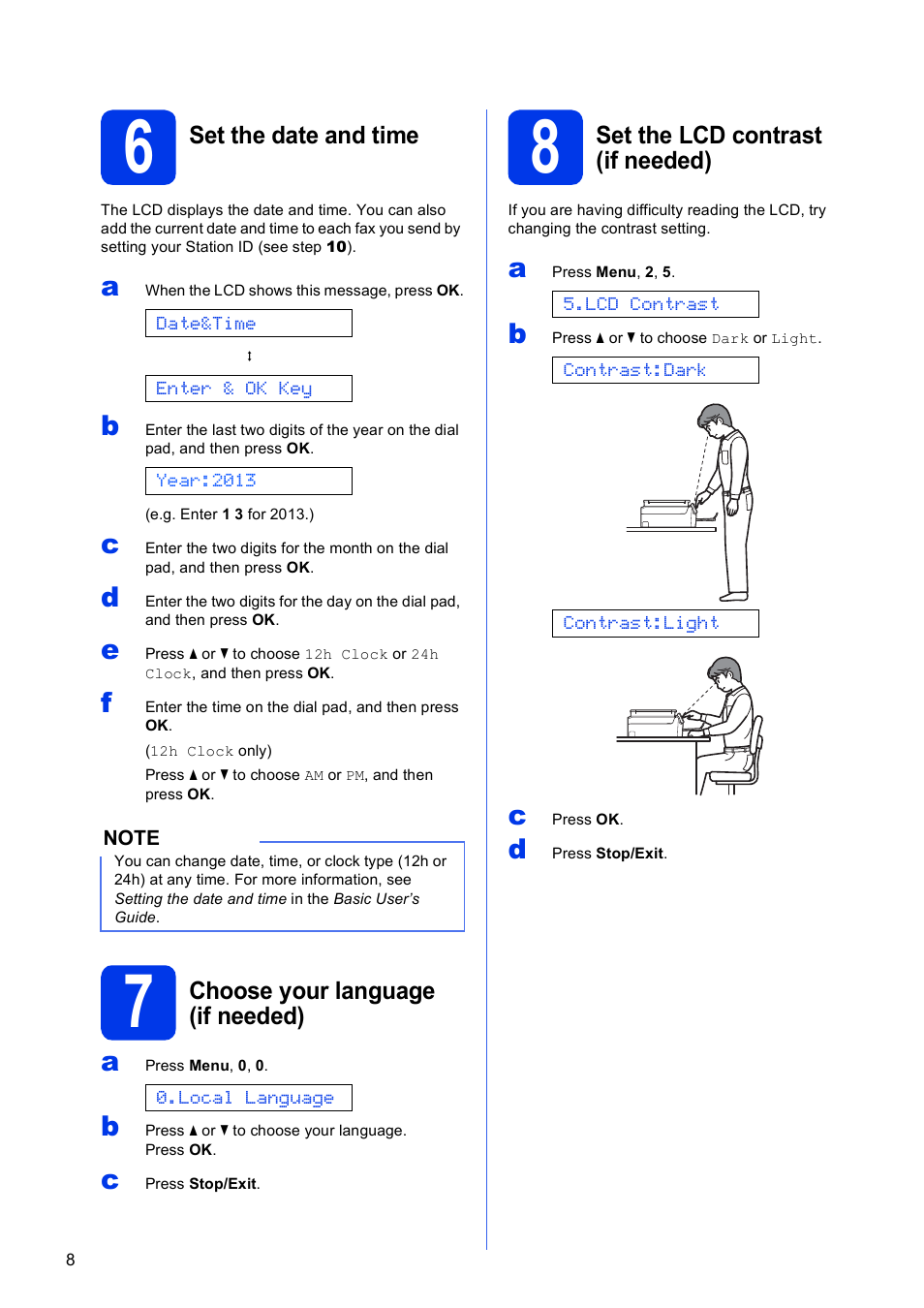6 set the date and time, 7 choose your language (if needed), 8 set the lcd contrast (if needed) | Brother MFC-J245 User Manual | Page 8 / 20