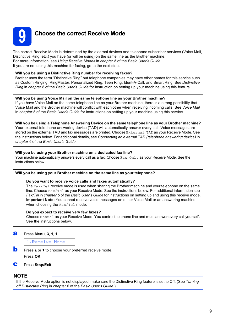 9 choose the correct receive mode, Choose the correct receive mode | Brother MFC-J245 User Manual | Page 9 / 20
