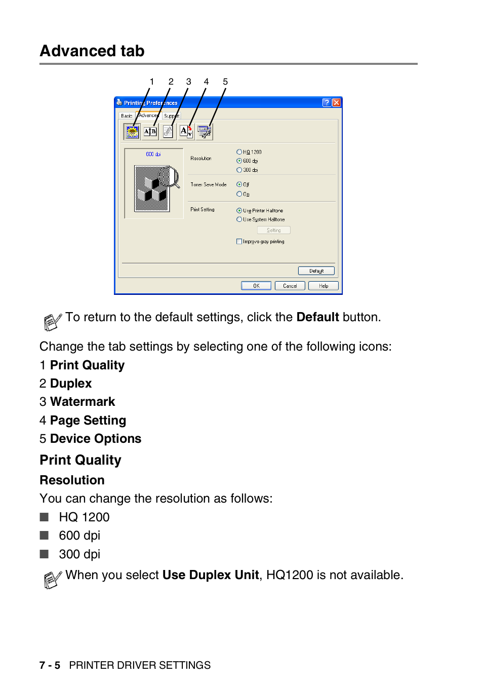 Advanced tab, Print quality, Advanced tab -5 | Print quality -5 | Brother DCP-8020 User Manual | Page 100 / 282