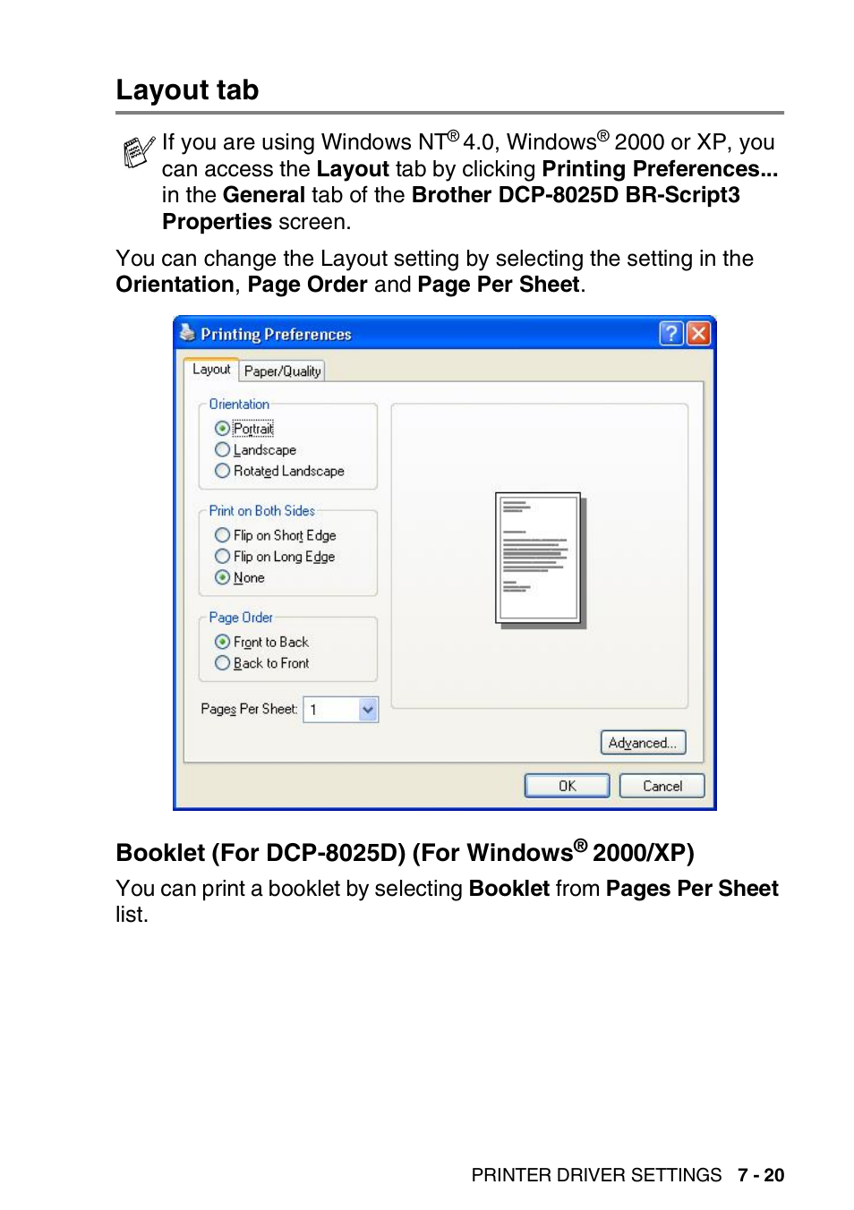 Layout tab, Booklet (for dcp-8025d) (for windows® 2000/xp), Layout tab -20 | Booklet (for dcp-8025d), For windows, 2000/xp) -20 | Brother DCP-8020 User Manual | Page 115 / 282
