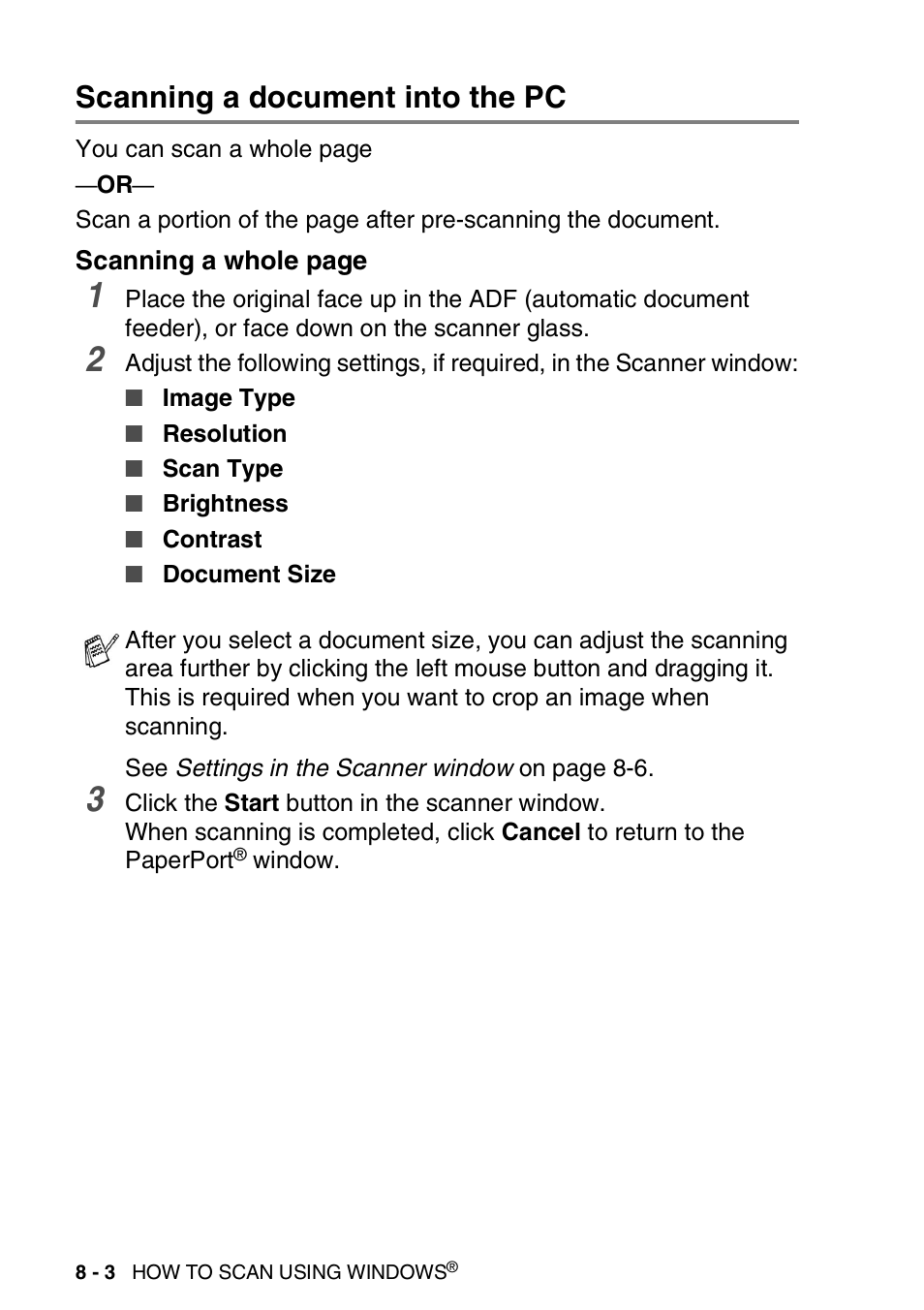 Scanning a document into the pc, Scanning a document into the pc -3 | Brother DCP-8020 User Manual | Page 120 / 282