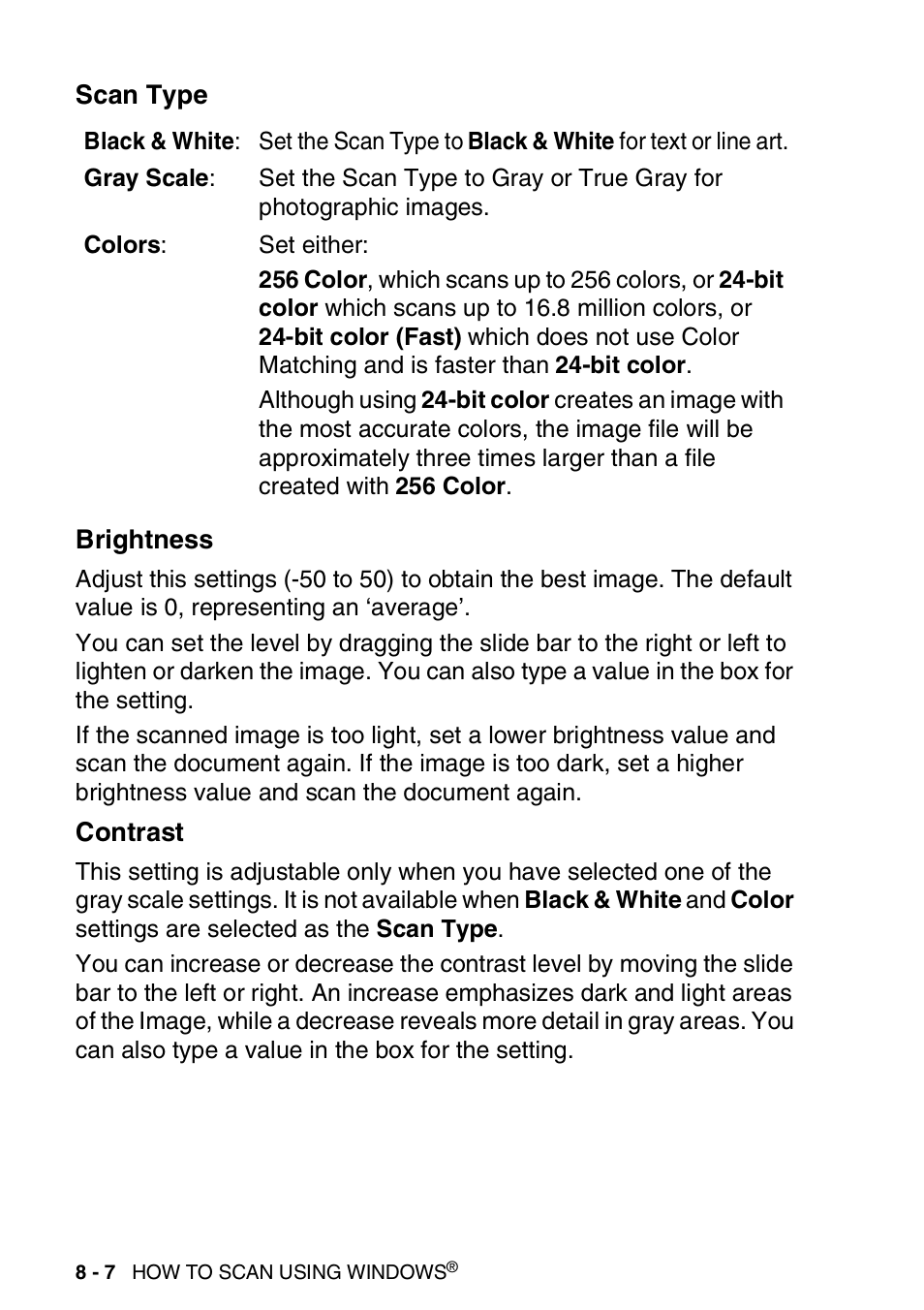 Scan type, Brightness, Contrast | Scan type -7 brightness -7 contrast -7 | Brother DCP-8020 User Manual | Page 124 / 282