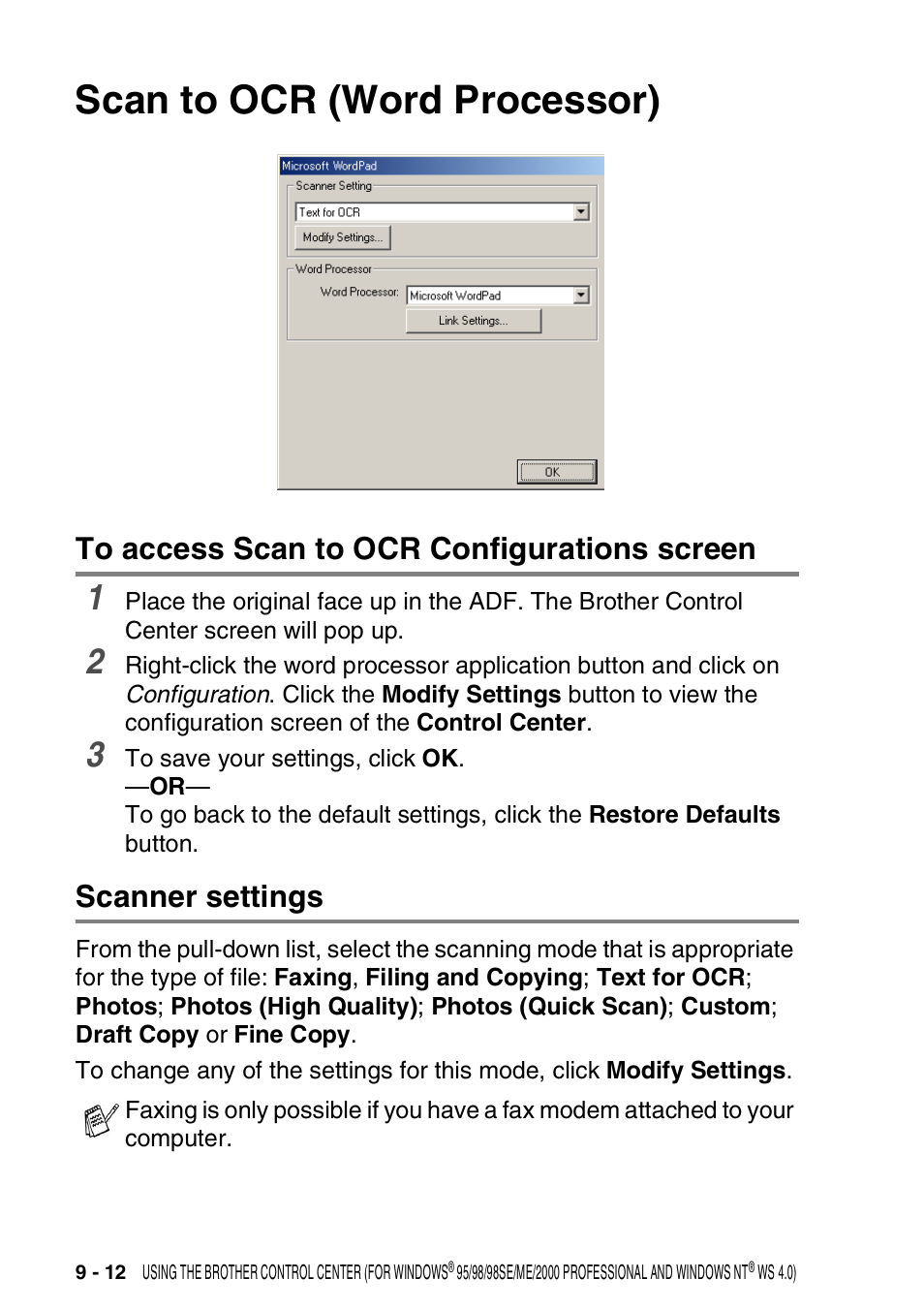 Scan to ocr (word processor), To access scan to ocr configurations screen, Scanner settings | Scan to ocr (word processor) -12, See scan to ocr (word | Brother DCP-8020 User Manual | Page 152 / 282