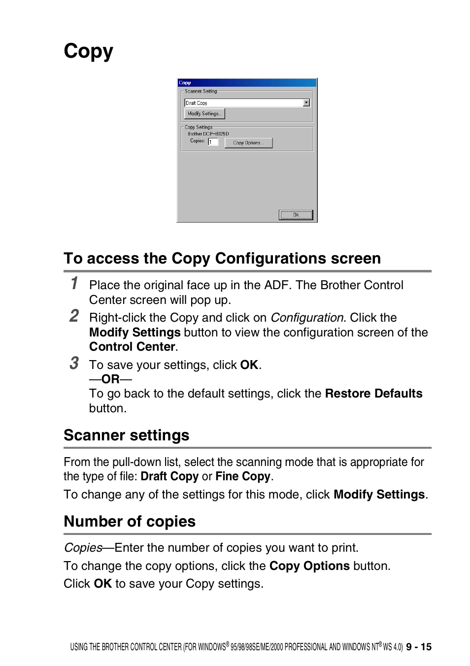 Copy, To access the copy configurations screen, Scanner settings | Number of copies, Copy -15 | Brother DCP-8020 User Manual | Page 155 / 282