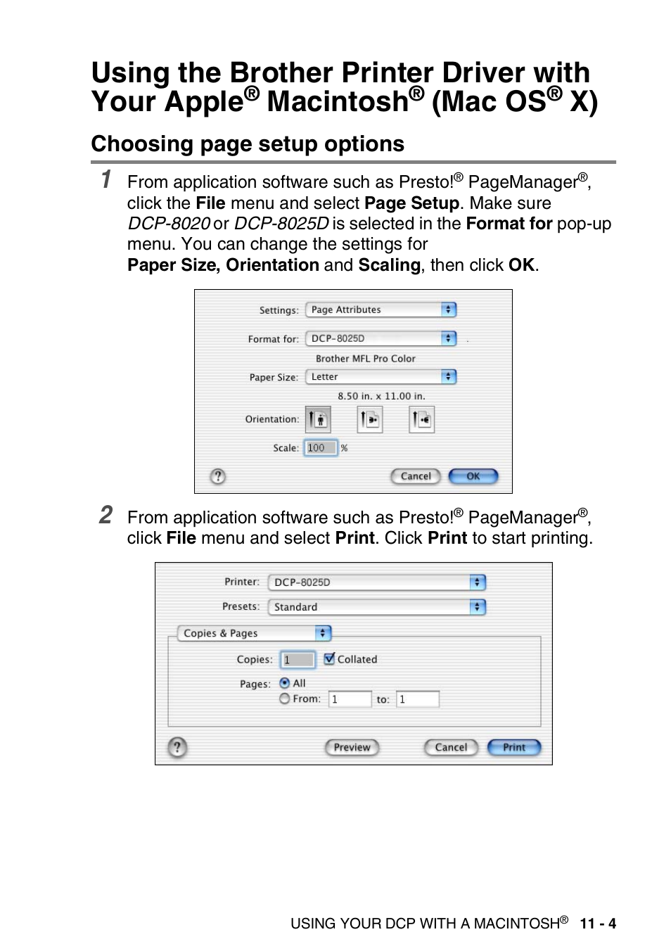 Using the brother printer driver with your apple, Macintosh, Mac os | X) -4, Choosing page setup options | Brother DCP-8020 User Manual | Page 191 / 282