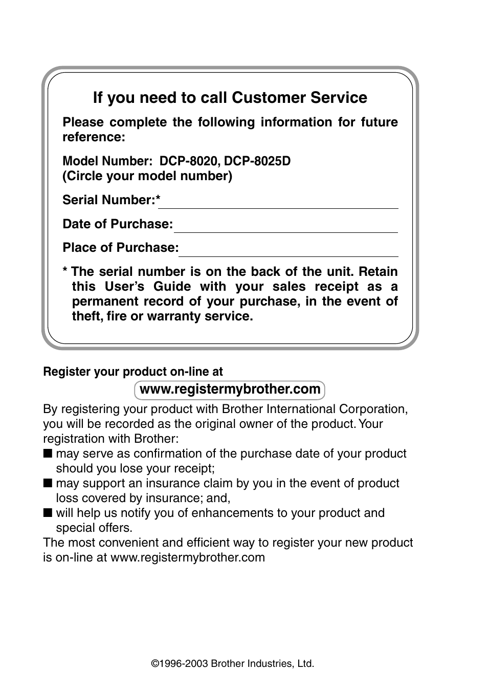 If you need to call customer service | Brother DCP-8020 User Manual | Page 2 / 282