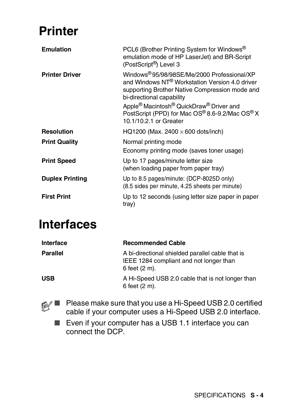 Printer, Interfaces, Printer interfaces | Brother DCP-8020 User Manual | Page 275 / 282