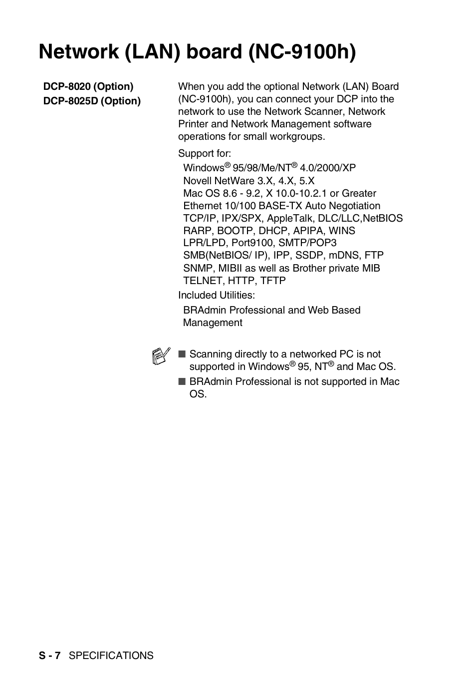 Network (lan) board (nc-9100h) | Brother DCP-8020 User Manual | Page 278 / 282